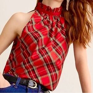 Like New J. Crew Ruffle Neck Cotton Poplin Top Good Tidings Plaid Medium